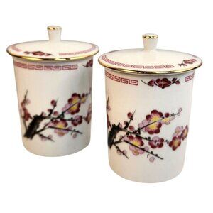 Tatung Vintage Chinese Tea Cups With Lids Plum Blossom Fine China Taiwan